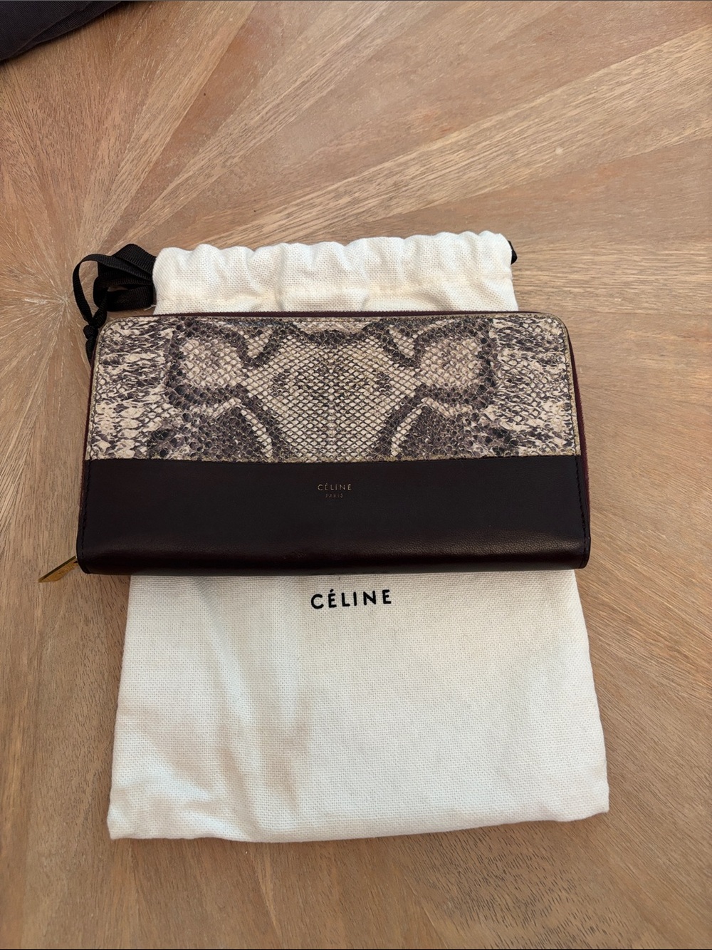 Python-Print Leather Zip Wallet in Maroon and Gray